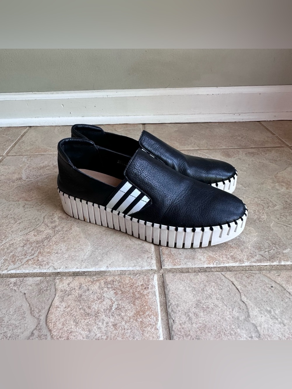 Silent D Becca Leather Black Striped Platform Slip On Sneakers